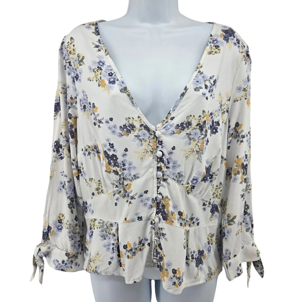 Abercrombie & Fitch Floral V-Neck Button Front Peplum‎ Top White Blue Boho L